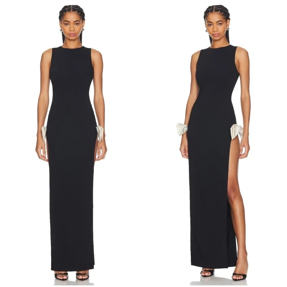 Atoir Reformation Jana Bow Dress Size 6 Slit Black and Cream Black Tie Formal - Picture 4 of 14